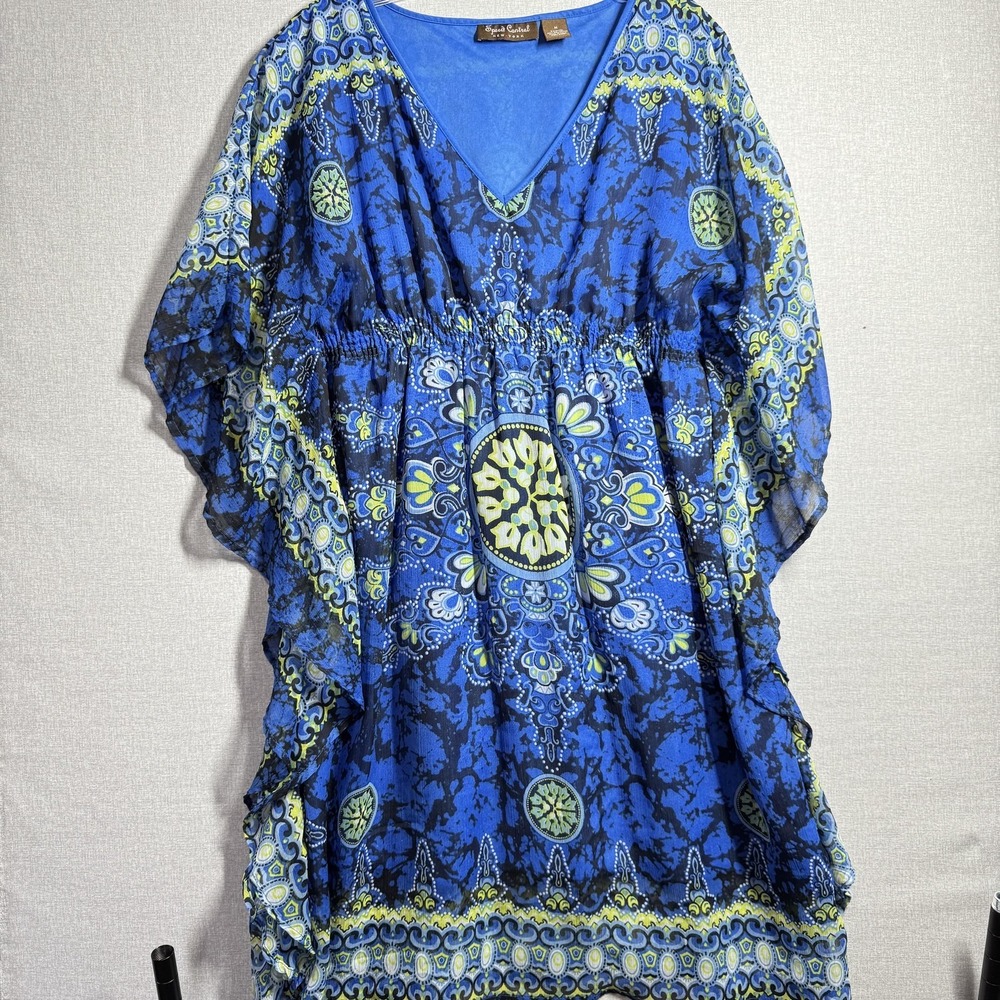 Speed Control New York Women M Blue Paisley V Neck Kimono Tunic Top Boho Coverup